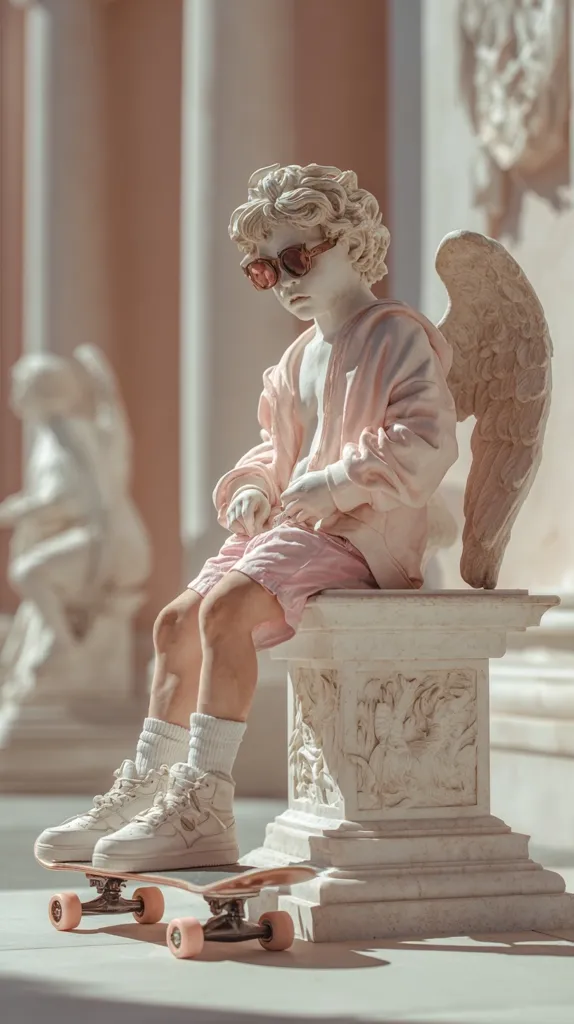 A cherubic angel statue, adorned with pink clothing and sunglasses, sits casually on a marble pedestal.  The angel's wings are partially visible.  The statue's feet rest on a skateboard, creating a juxtaposition of classical sculpture and modern streetwear.  The setting appears to be a grand, sunlit hall with classical architecture. The overall aesthetic is soft, pastel, and slightly surreal.