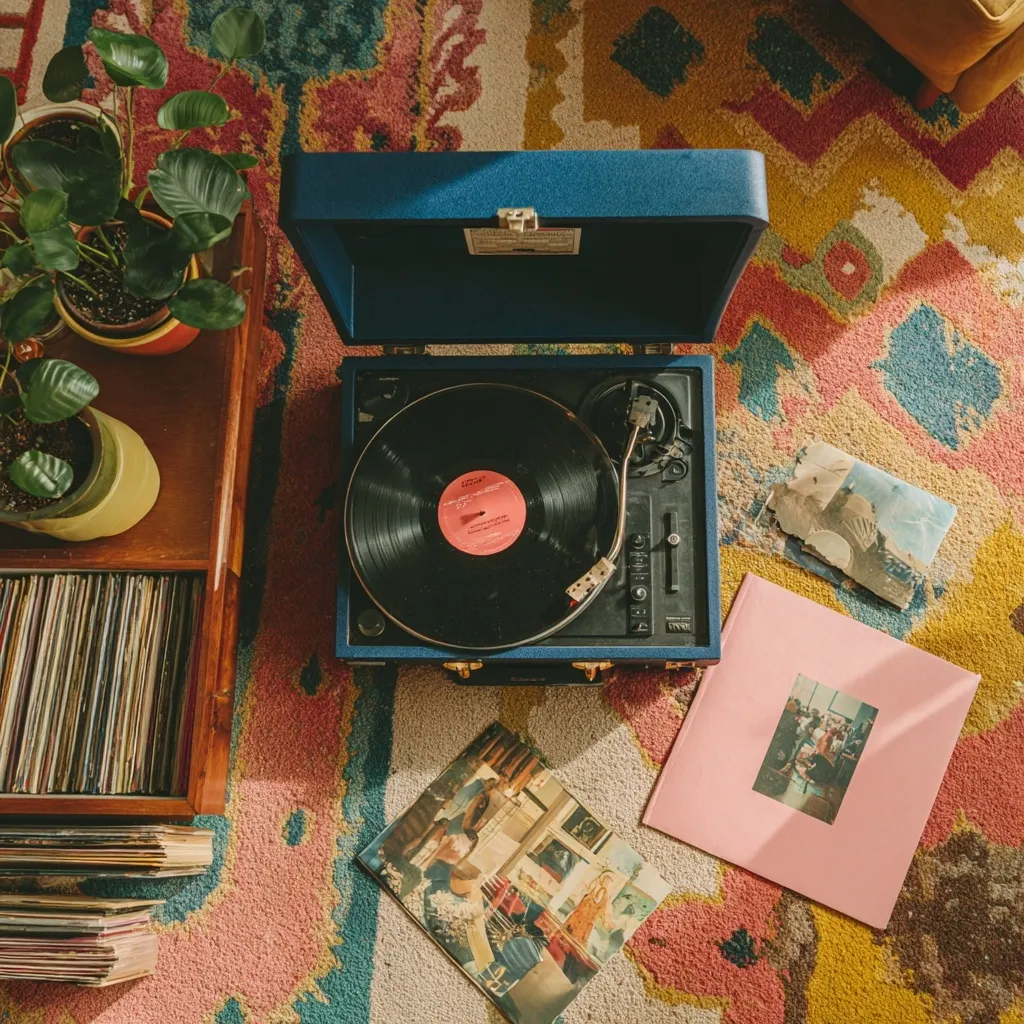 A blue suitcase-style record player sits on a colorful rug, playing a vinyl record.  Surrounding it are several vinyl albums, including a pink one and a picture sleeve album.  Houseplants in terracotta pots and wooden shelving units containing more records complete the scene, evoking a retro, bohemian aesthetic.  Sunlight streams onto the scene, highlighting the vibrant colors.