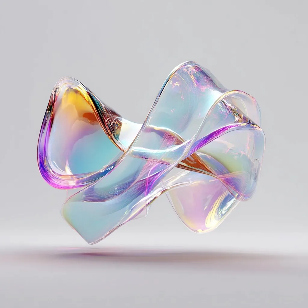 An iridescent, glass-like sculpture is shown against a light gray background. The sculpture is abstract and appears to be composed of flowing, intertwined ribbons of glass.  The material displays a spectrum of pastel colors including pinks, purples, blues, and oranges, creating a visually captivating and ethereal effect.  The form is dynamic and evokes a sense of movement and fluidity.