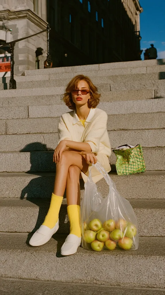 A young woman with short brown hair and sunglasses sits on a stone staircase. She wears a cream-colored sweater and matching shorts, paired with white loafers and bright yellow socks.  A plastic bag filled with apples rests beside her, along with a smaller, woven bag.  The sunny scene is set against the backdrop of a grand stone building.