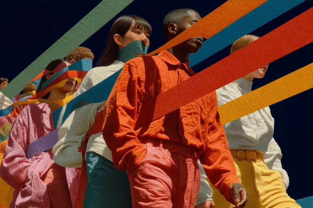 A group of diverse individuals are depicted, their faces partially obscured by vibrant, diagonal ribbons of various colors. The bold hues create a striking visual contrast against the dark background. The individuals are dressed in similarly textured clothing in coordinating colors, suggesting a sense of unity amidst the vibrant chaos. The overall image evokes a feeling of both confinement and stylish expression.