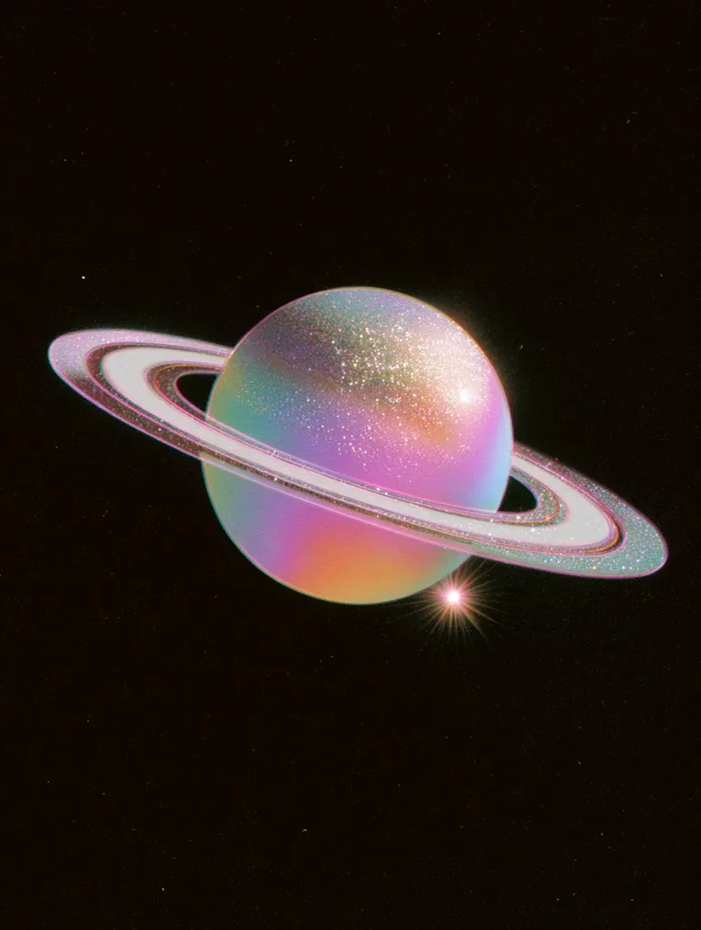 A stylized image depicts a planet, possibly Saturn, with iridescent pastel rings. The planet's surface shimmers with a glittery effect against a dark space background speckled with stars.  A small, bright star is visible near the planet. The overall aesthetic is dreamy and ethereal, resembling a celestial art piece rather than a scientifically accurate depiction.