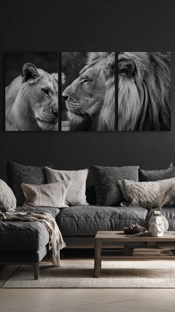 A stylish living room features a tripartite black and white canvas print of a lion and lioness, their heads touching.  The dark gray sectional sofa is adorned with textured throw pillows and a neutral-toned throw. A rustic wooden coffee table sits in front, holding books and decorative objects.  The overall aesthetic is modern and minimalist with a touch of natural texture.