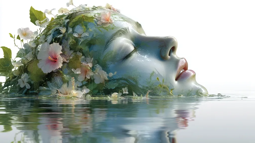 A serene digital painting depicts a woman's face, partially submerged in calm water.  Her skin blends seamlessly with lush greenery and delicate flowers, creating a harmonious union of nature and human form.  Her eyes are closed, suggesting tranquility and peace. The overall effect is dreamlike and ethereal, evoking a sense of oneness with the natural world.