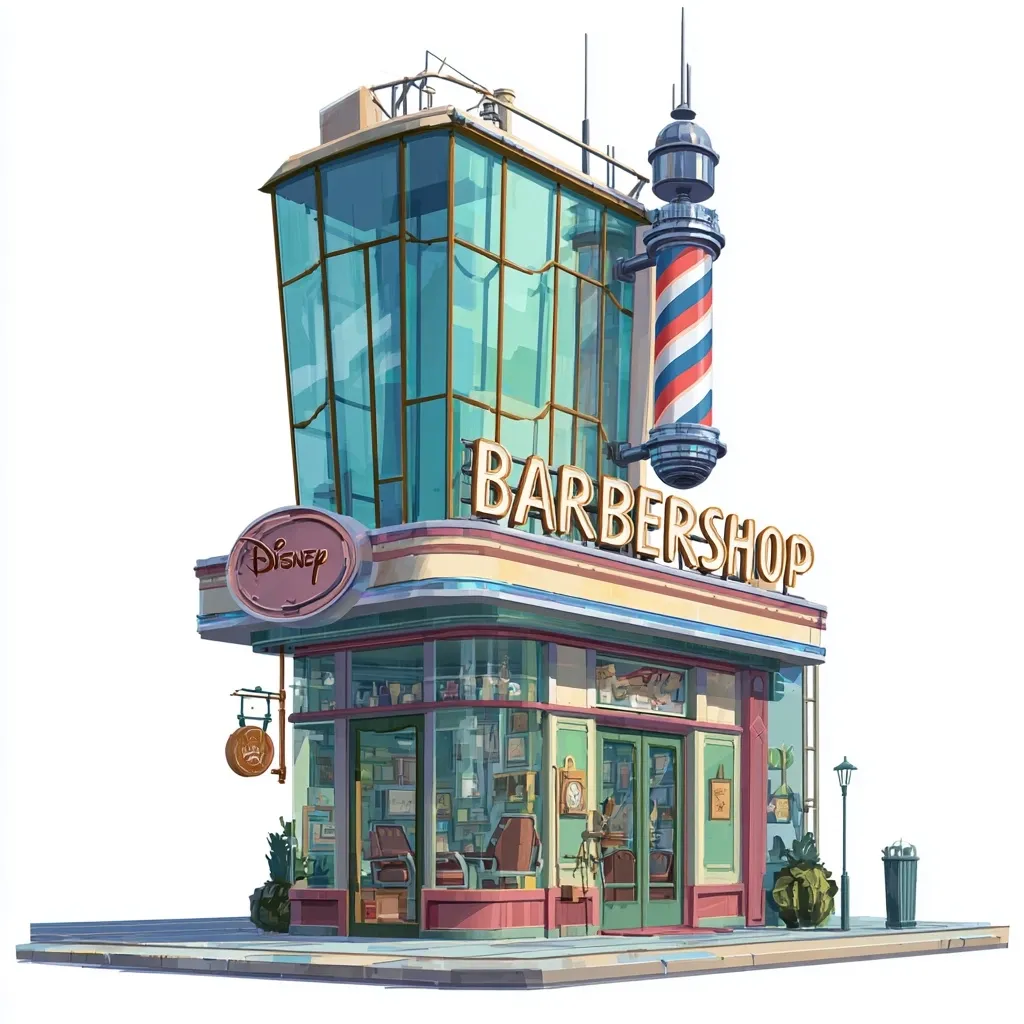 A stylized illustration of a Disney barbershop. The building is multi-storied with a large glass facade.  A classic red, white, and blue barber pole is prominently displayed.  The shop's interior is visible through large windows, showcasing barber chairs and other equipment.  The design blends Art Deco elements with a modern cartoon style.  The Disney logo is subtly incorporated into the building's signage.  The scene is rendered in bright, cheerful colors.