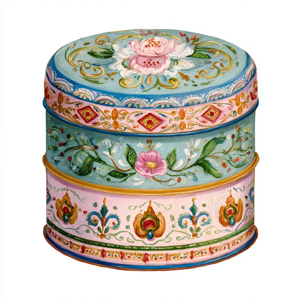 A cylindrical tin box is adorned with hand-painted floral and geometric designs.  The two-tiered box features a light teal base with pink accents.  Roses and scrolling foliage decorate the teal sections, while the pink bands showcase stylized floral motifs and diamond shapes.  Gold highlights accentuate the painted details, creating a charming and ornate piece.
