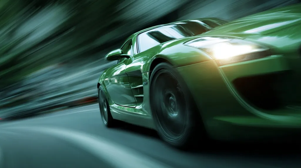 A sleek, green sports car speeds along a curved road, blurred motion suggesting high velocity. The car's headlight illuminates the scene as it aggressively corners.  The background is a vibrant green, a result of motion blur, emphasizing the car's dynamic movement. The overall impression is one of power and speed.