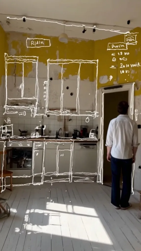 A person stands in a room undergoing renovation.  A yellow wall shows peeling paint.  Overlaid on the image is a hand-drawn sketch outlining a new kitchen design, including cabinets, countertops, and appliances.  Measurements and notes are also visible on the wall's sketch. Sunlight streams through a doorway, illuminating the whitewashed floor. The scene suggests planning and transformation.
