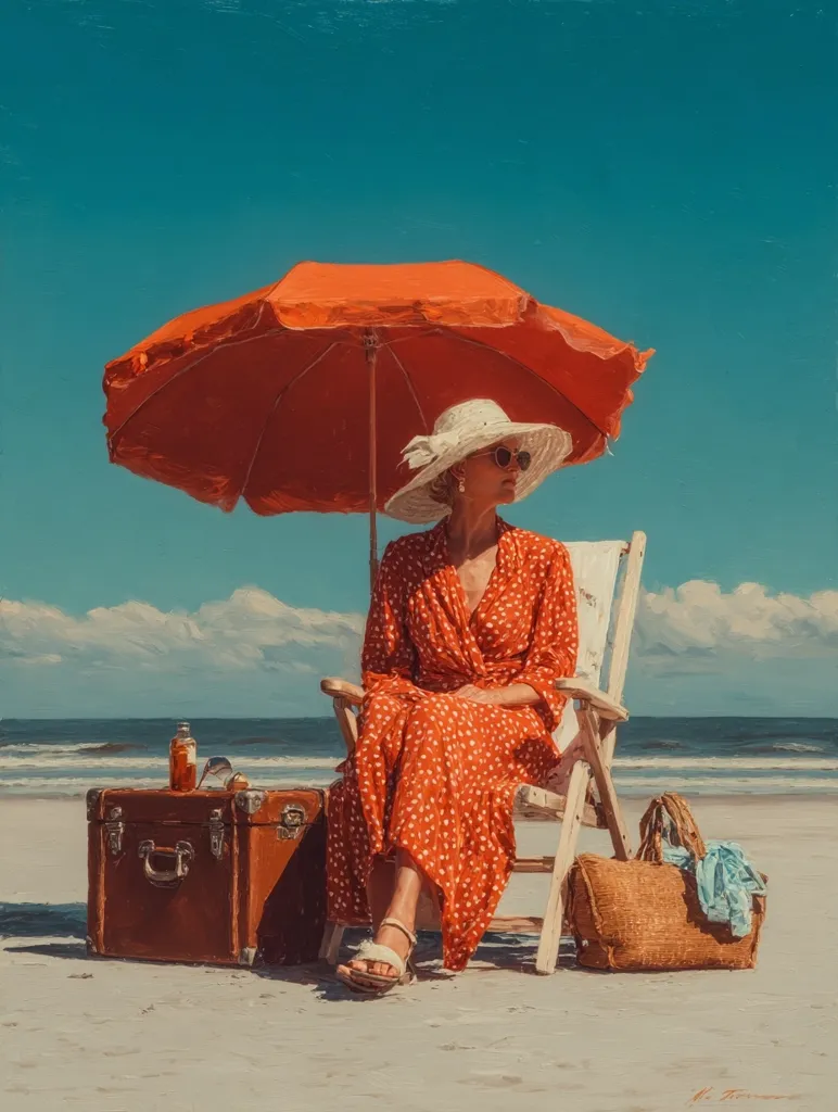 A woman in a red polka dot dress and wide-brimmed hat sits in a white beach chair under a bright orange umbrella.  She is on a sandy beach with a vintage suitcase and a straw beach bag beside her. The ocean is visible in the background under a clear blue sky. The scene evokes a sense of calm and nostalgic summer.