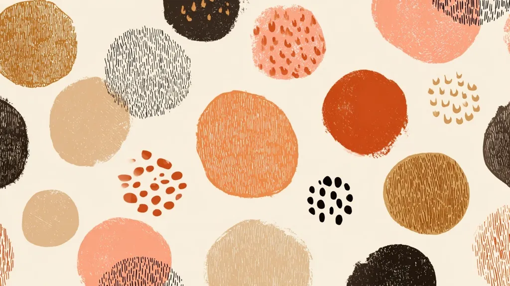 The image showcases a seamless pattern of textured circles in earthy tones.  Various shades of brown, orange, and beige are used, each circle featuring a different textural element, such as lines, dots, or speckles. The background is a light cream color, providing a neutral backdrop to highlight the vibrant circular designs.  The overall style is minimalist and organic, creating a calming and visually appealing pattern.