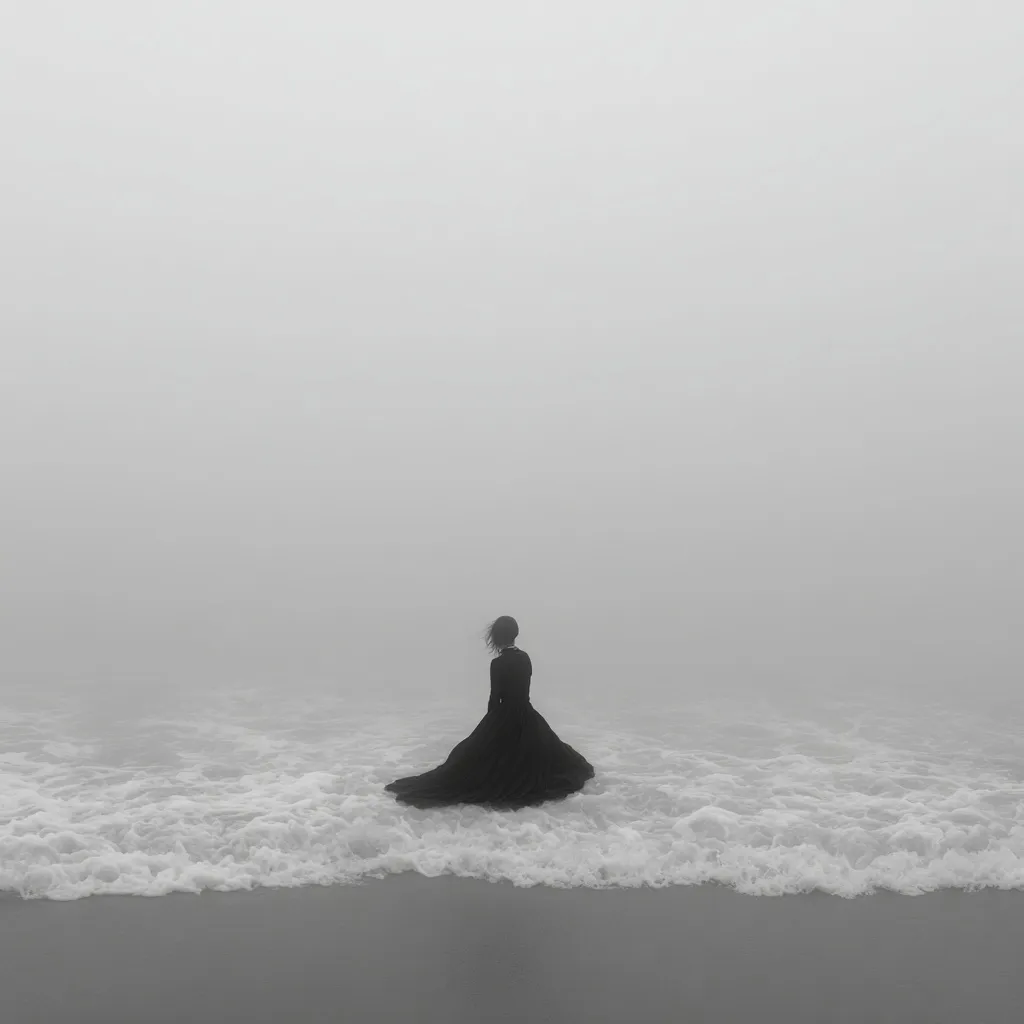A solitary figure, dressed in a long black gown, sits at the edge of a foggy ocean.  The waves gently lap around her, creating a serene yet melancholic scene. The monochrome palette and dense fog enhance the feeling of isolation and mystery.  The woman's back is turned, leaving her identity and thoughts unknown.