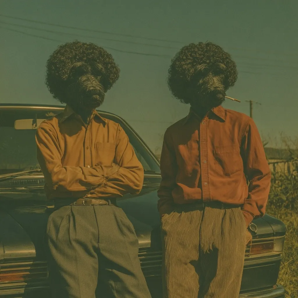 Two figures with dark, afro-style hair and the heads of black dogs stand leaning against a vintage car.  They wear 1970s-style clothing: mustard and burnt orange long-sleeved shirts, and pleated trousers. One figure holds a cigarette.  The image is stylized with a muted, vintage color palette. The overall mood is enigmatic and slightly surreal.