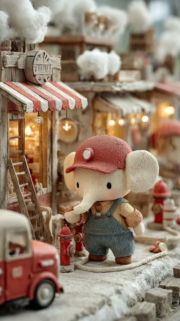 A charming miniature scene features a handcrafted elephant figurine, wearing overalls and a cap, standing near miniature fire hydrants in front of a quaint, light-up shop. The shop has a red and white striped awning and a wooden facade.  The overall style is whimsical and detailed, with a soft, textured aesthetic.  A small red truck is parked nearby.  The background shows more miniature buildings and fluffy, cloud-like elements.