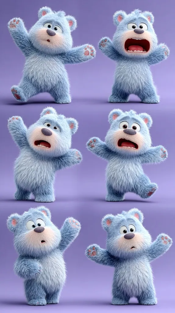 Six adorable, light-blue, fluffy bear cubs are shown in various playful poses against a purple background.  Each bear displays a slightly different expression of surprise or mild fear, with arms raised or in a standing position.  Their large eyes and fuzzy texture contribute to their cute and expressive demeanor.