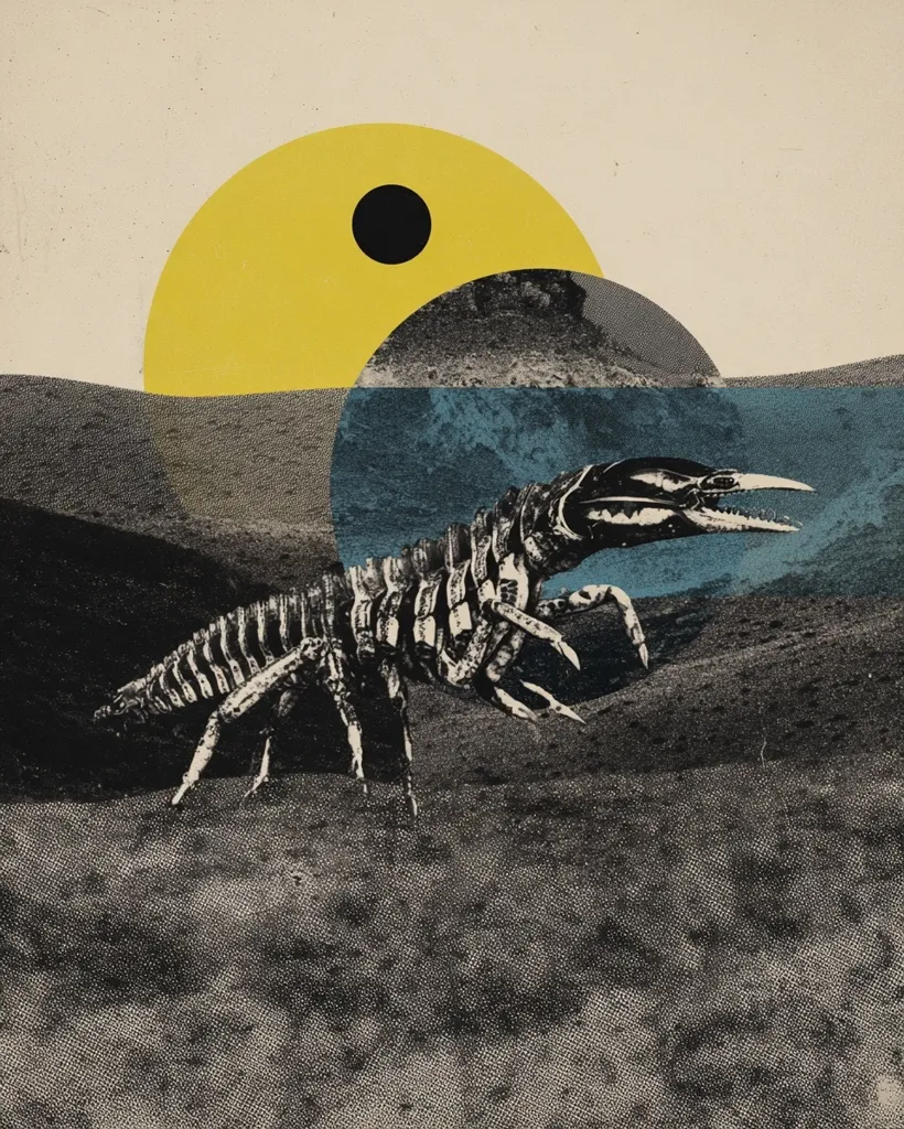 A surrealist collage depicts a large, segmented creature resembling a crustacean or insect, walking across a desolate landscape.  A stylized sun, partially obscured by a dark circle, hangs above a body of water. The creature's skeletal structure is prominent against the muted tones of the earth and sea, creating a dramatic and unsettling image.  The overall style is reminiscent of vintage printmaking or graphic design.
