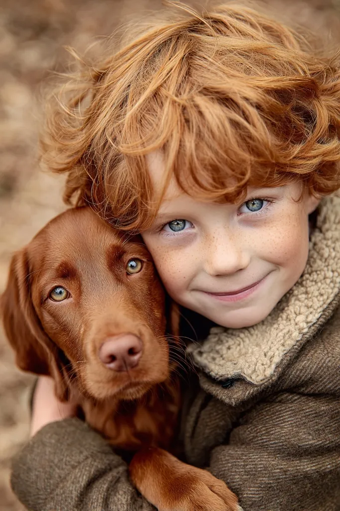 A close-up shot depicts a young boy with bright red, curly hair embracing a reddish-brown puppy.  The boy's face is partially obscured by his hair, but his smiling eyes and freckled cheeks are visible. He wears a brown jacket. The puppy rests its head on the boy's shoulder, its gaze directed at the camera. The image evokes a sense of warmth and companionship.