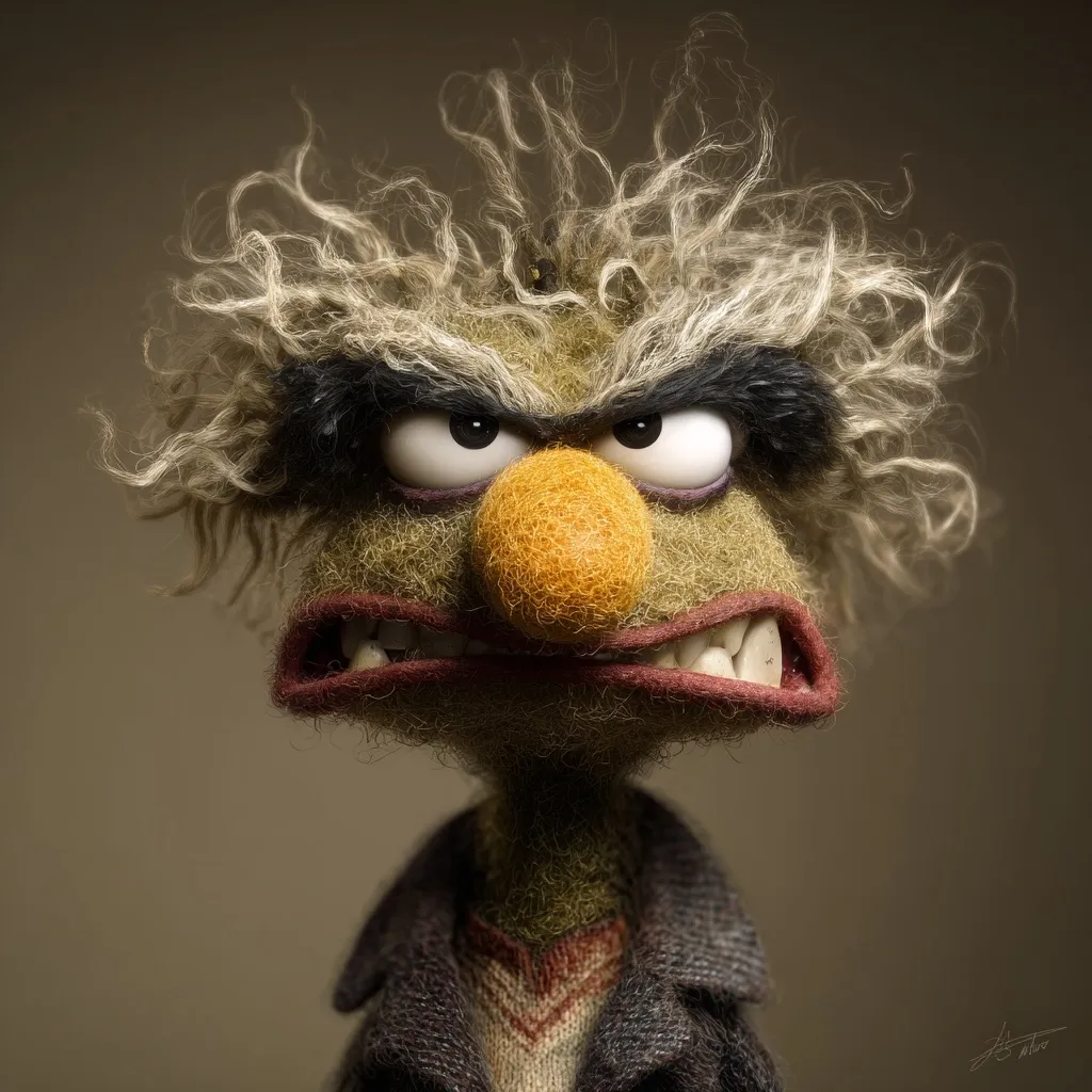 A close-up shot of a digitally rendered Walter, the Muppet, showcasing a grumpy expression.  His signature wild white hair is prominent, framing his scowling face with dark eyebrows and bared teeth.  He's dressed in a dark jacket over a striped sweater, adding to his somewhat disheveled appearance. The image focuses on Walter's intense facial features, emphasizing his annoyed demeanor.