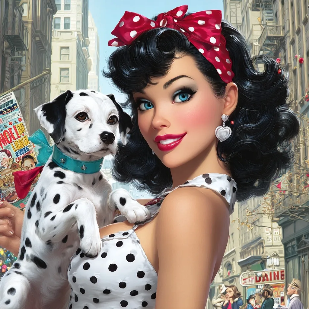 A pin-up girl with dark, curly hair styled with a red polka dot headband holds a Dalmatian puppy. She's wearing a white polka dot dress and heart-shaped earrings. The backdrop is a bustling city street with vintage buildings and a glimpse of people in the background.  The overall style is reminiscent of classic comic book art.  A comic book is partially visible in her hand.