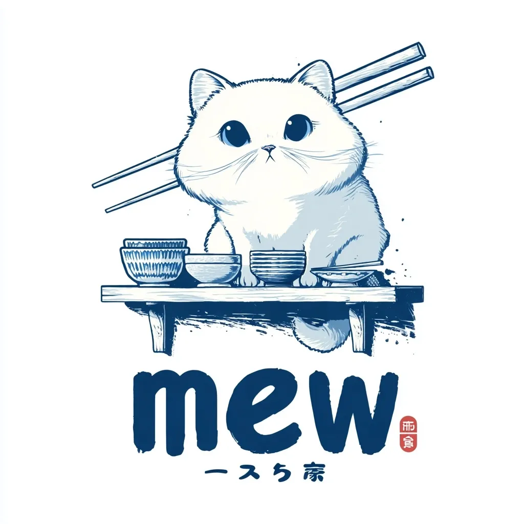 A cute, chubby white cat sits on a small wooden shelf, gazing upwards.  Several small bowls and a pair of chopsticks rest on the shelf beside it. The image is rendered in a blue and white style reminiscent of Japanese woodblock prints.  The word "mew" is prominently displayed below, accompanied by Japanese characters.  The overall style is whimsical and charming.