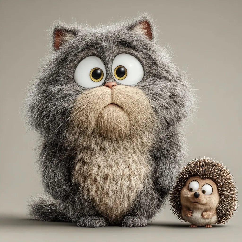 A large, fluffy grey cat with expressive eyes stands beside a tiny hedgehog. The cat appears somewhat concerned or pensive, while the hedgehog looks curious.  Both animals are rendered in a charming, cartoonish 3D style with exaggerated features. The contrast in size between the cat and hedgehog emphasizes their adorable differences.