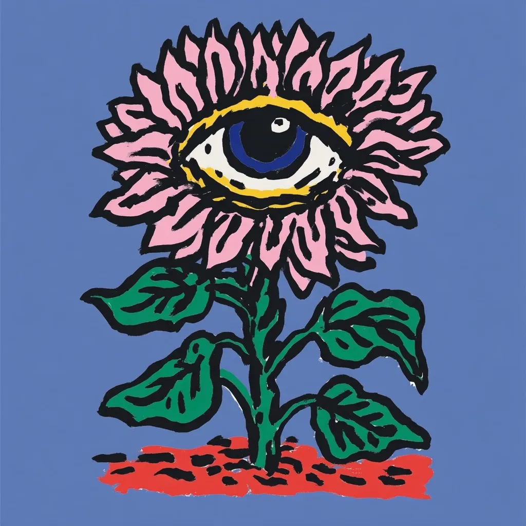 A vibrant illustration depicts a stylized flower with a large eye at its center.  The flower's petals are pink, the eye is detailed with blue, yellow, and black, and the leaves are a bold green. The plant is rooted in red earth against a periwinkle blue background. The style is bold and graphic, reminiscent of folk art or naive painting.