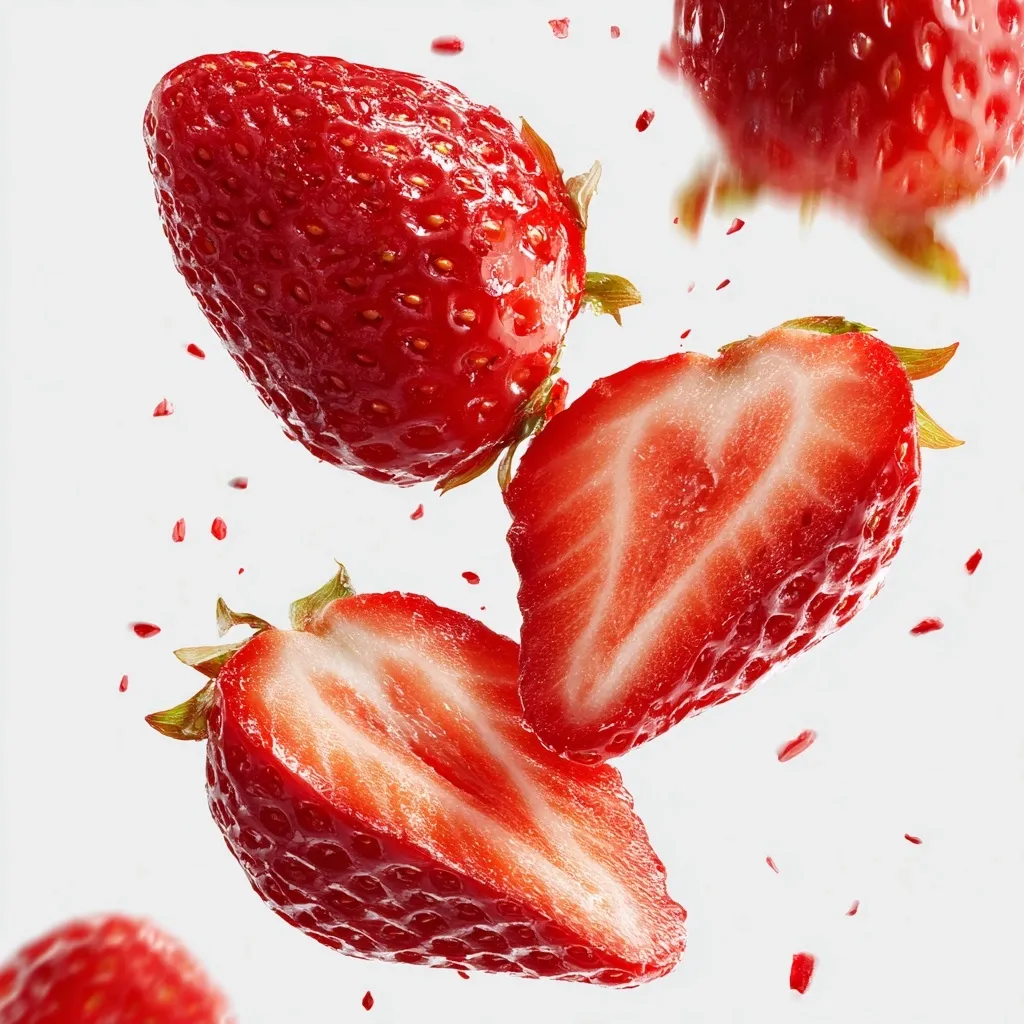 Several juicy red strawberries are captured mid-air against a white background.  One whole strawberry and two halved strawberries are prominently featured, showcasing their bright red flesh and seeds.  Small strawberry pieces are scattered, suggesting movement and perhaps a burst of freshness.  The overall image is vibrant and appetizing.