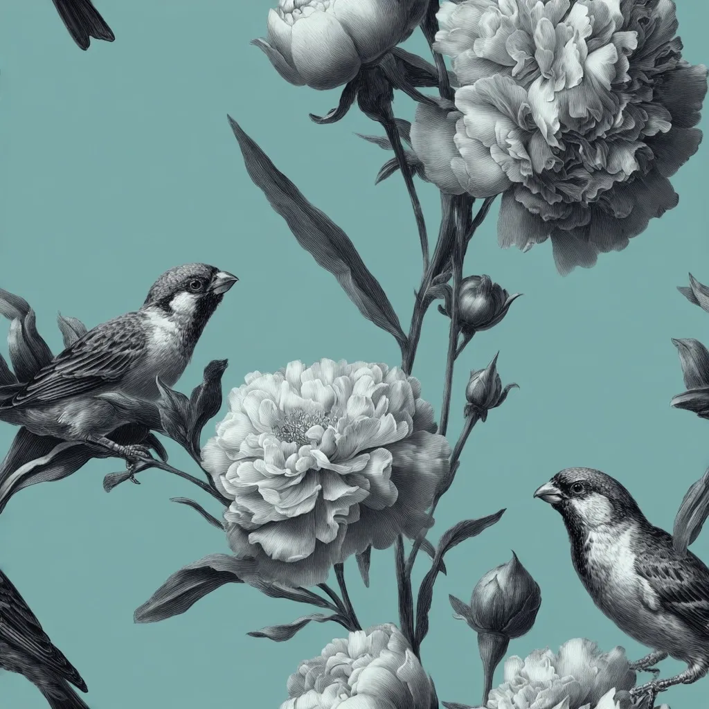 A teal background features a repeating pattern of meticulously drawn monochrome peonies and sparrows.  The birds perch delicately on the lush, detailed peony branches. The grayscale palette provides a striking contrast against the cool background, creating a sophisticated and elegant botanical design. The artistic style suggests a vintage or antique aesthetic.