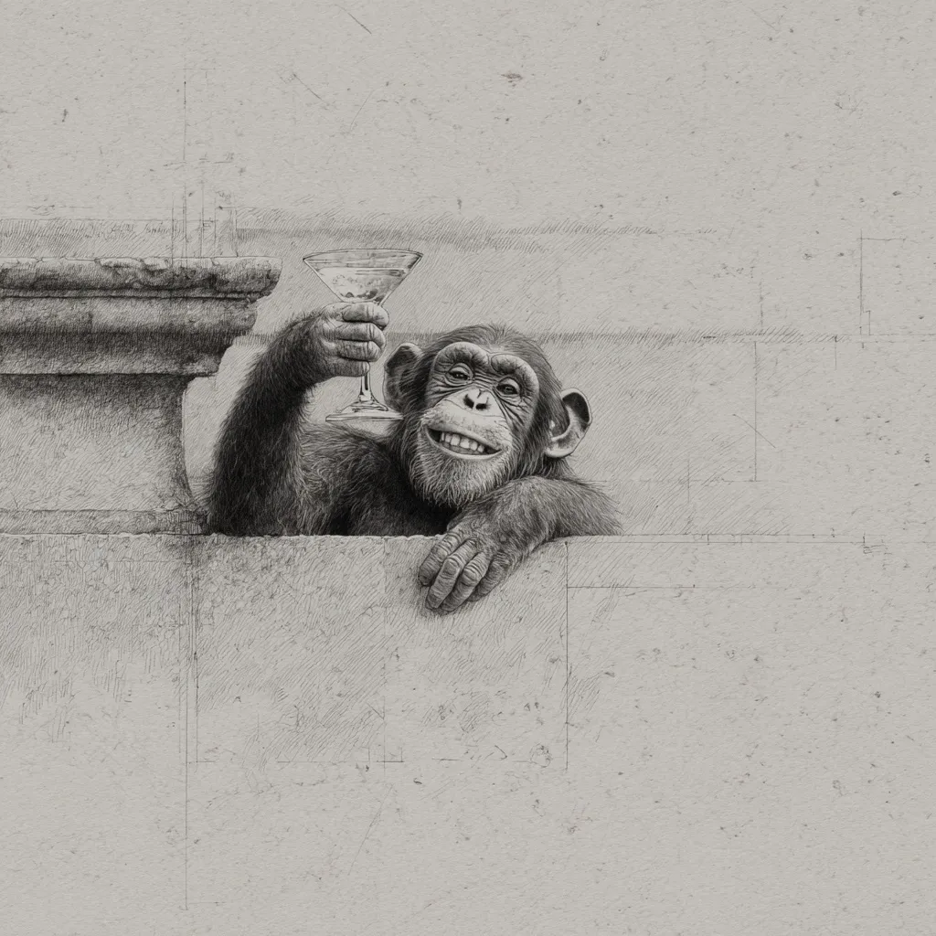 A detailed pencil sketch depicts a chimpanzee perched on a stone wall, playfully holding a martini glass.  The chimp's expression is one of cheerful contentment. The background is textured, mimicking the look of rough paper or stone, with faint design sketches overlaid. The overall tone is sophisticated and whimsical.