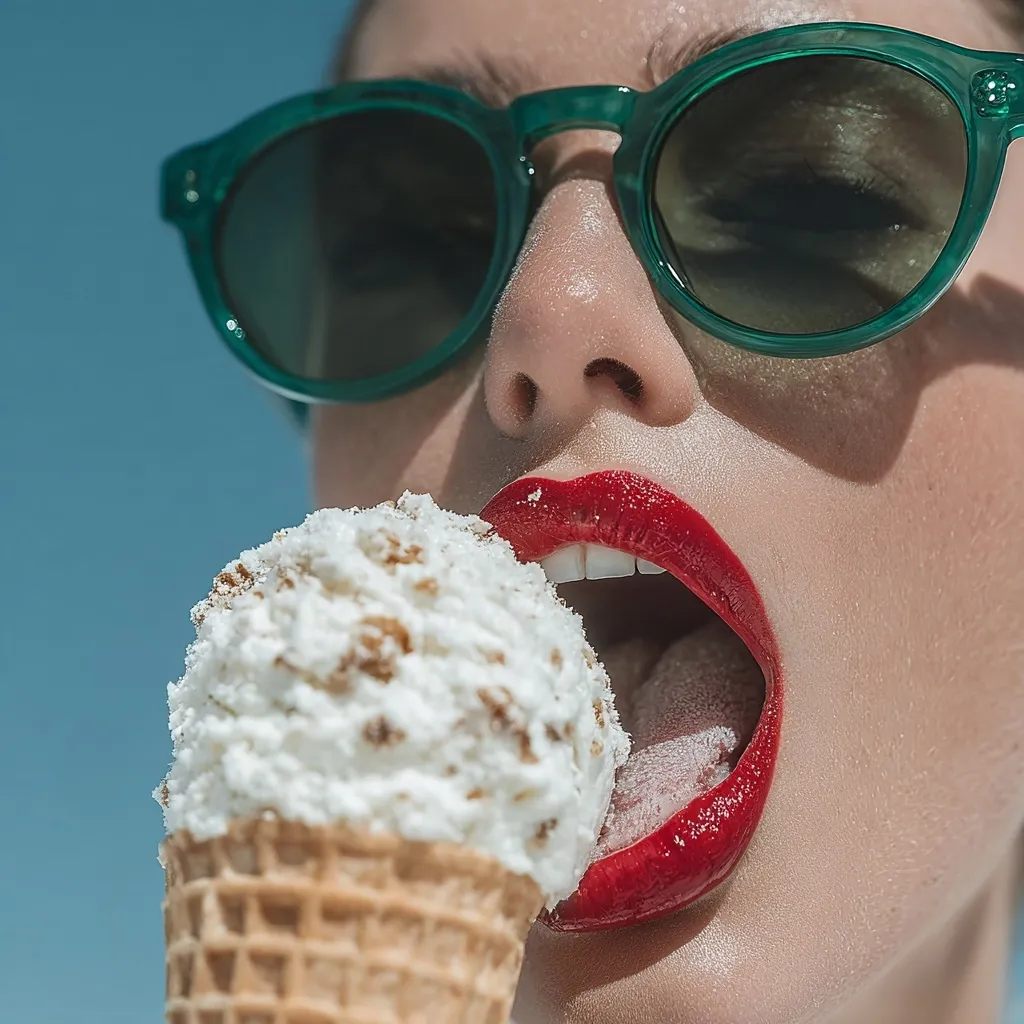 Close-up of a woman with bright red lipstick and teal sunglasses biting into a waffle cone filled with cookie dough ice cream.  The scene is brightly lit, suggesting a sunny day.  Her expression is one of enjoyment as she savors the treat. The focus is sharply on her mouth and the ice cream.