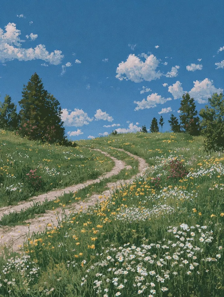 A pixel art style image depicts a whimsical countryside scene. A winding dirt road meanders through a vibrant meadow bursting with wildflowers, primarily daisies and dandelions.  Lush green grass covers the rolling hills, dotted with dark green evergreen trees.  A clear blue sky, punctuated by fluffy white clouds, completes the idyllic summer landscape.