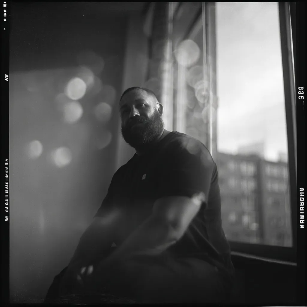 A black and white portrait of a bearded man sitting by a window.  He is wearing a dark t-shirt and looks directly at the camera.  The background is softly blurred, showing a bright window and indistinct city buildings. The image has a grainy, film-like quality.  The overall mood is contemplative and intimate.