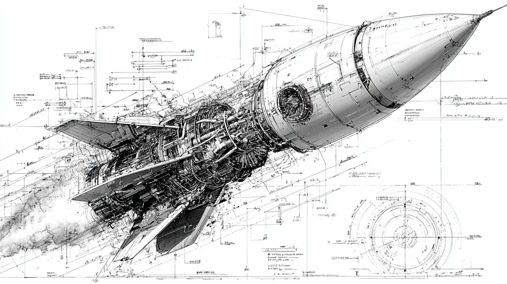 A detailed black and white technical drawing showcases a futuristic rocket in three-quarter perspective.  Intricate internal mechanisms and engine components are visible, overlaid with engineering schematics, measurements, and annotations.  The style suggests a design blueprint or concept art, emphasizing both the rocket's exterior and complex inner workings.  The image evokes a sense of advanced technology and meticulous planning.