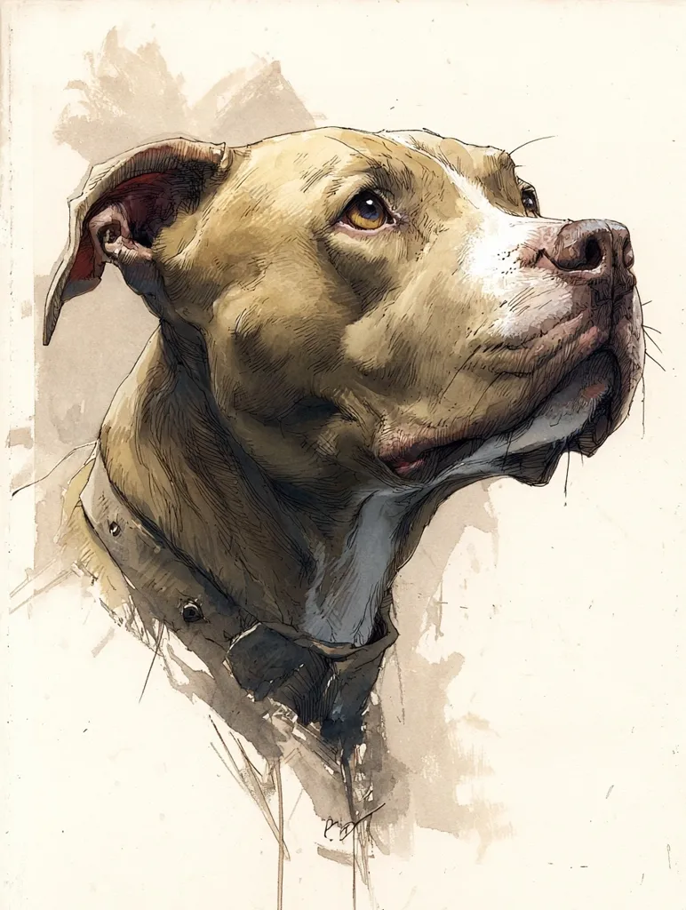 A detailed, stylized portrait of a fawn-colored Pit Bull-type dog.  The dog is depicted in profile, gazing upward, its expression both alert and gentle.  The artwork utilizes a blend of pen and ink with watercolor washes, creating a textured effect that emphasizes the dog's musculature and fur. The dog wears a dark collar, and the background is a muted off-white with subtle washes of color.