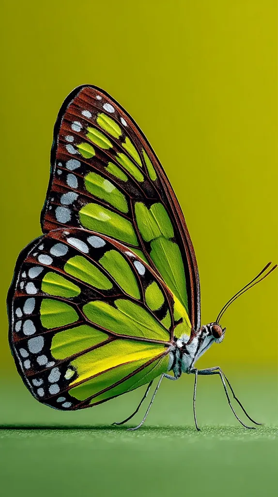 A vibrant green butterfly with dark brown and white markings rests on a green surface. Its wings are partially open, showcasing intricate details.  The butterfly's body is slender with long, delicate legs. The background is a solid, muted yellowish-green, providing a striking contrast to the butterfly's bright colors. The image is sharply focused, highlighting the butterfly's texture and pattern.