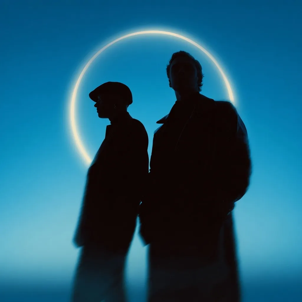 Two silhouetted figures stand against a vibrant blue sky, a luminous ring encircling them.  The taller figure, a man, is slightly behind a shorter, possibly female figure.  Both are dressed in dark outerwear, creating a stark contrast against the bright background. The overall mood is mysterious and evocative.