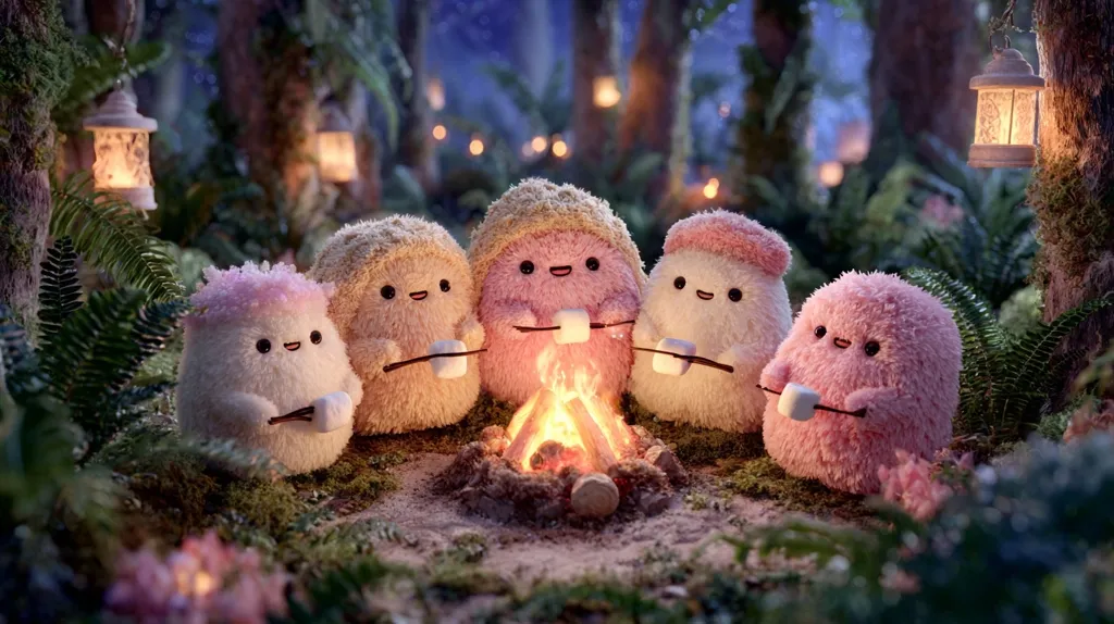 Five adorable plush marshmallow-like creatures gather around a cozy campfire in a whimsical forest setting.  Surrounded by lanterns and lush greenery, they playfully roast miniature marshmallows on sticks, creating a heartwarming and enchanting scene.  The soft lighting and fluffy textures enhance the overall charm of this magical moment.