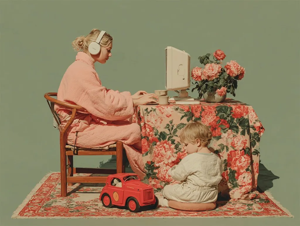 A woman in a pink robe and headphones sits at a floral tablecloth-covered table, working on a computer.  A toddler sits on a cushion nearby. A red toy car rests on the rug. The scene is set against a muted green background, creating a calm, domestic atmosphere. The overall aesthetic is vintage and serene.