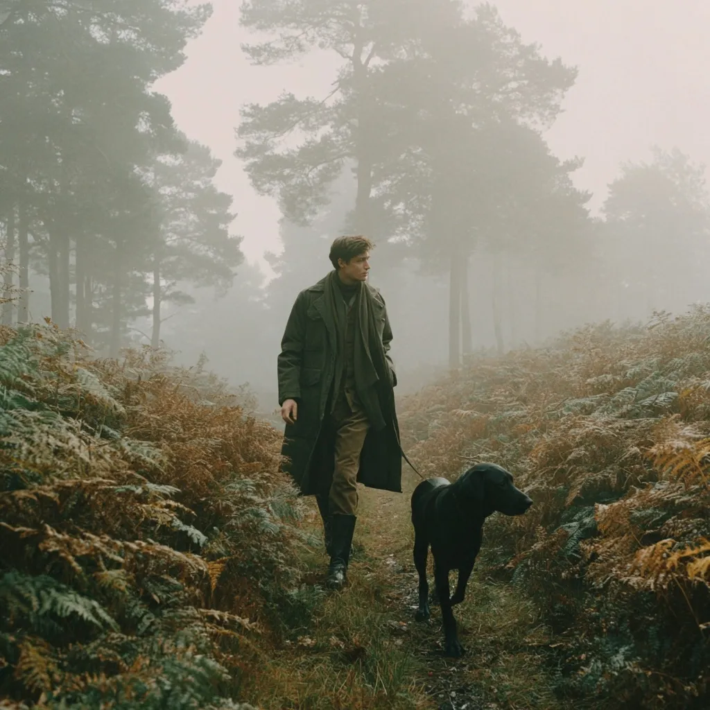 A man in a long, dark green coat and brown trousers walks a black Labrador retriever down a path in a misty forest.  The path is lined with autumnal ferns and tall trees shrouded in fog. The scene evokes a sense of quiet solitude and the beauty of a natural, wintry landscape.  The man's attire suggests a country or outdoor lifestyle.