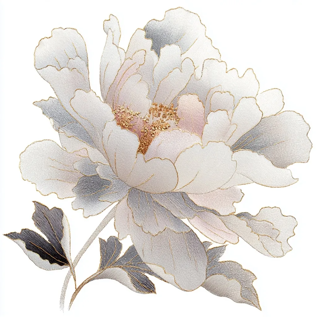 A meticulously embroidered peony blossom dominates the image, its delicate petals rendered in shades of grey, white, and blush pink.  Gold thread outlines the petals and stamens, adding a touch of elegance.  Subtle grey-blue leaves complete the composition, creating a refined and artistic depiction of the flower against a stark white background.  The embroidery style suggests a detailed and skillful hand-crafted piece.