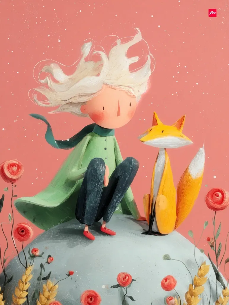 A whimsical illustration depicts the Little Prince, with his characteristic blonde windblown hair, seated beside a friendly orange fox.  They share a quiet moment atop a pale grey mound, surrounded by blossoming red roses and wheat stalks against a soft pink sky. The style is charmingly naive, with soft, rounded forms and a muted color palette.  The scene evokes a sense of gentle companionship and peaceful contemplation.
