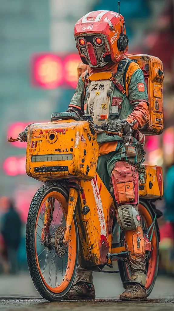 A futuristic figure in a red helmet and orange, weathered gear sits astride a vibrant orange, customized bicycle.  The bike's design is rugged and utilitarian, suggesting a post-apocalyptic or cyberpunk setting.  The background is blurred, showcasing bokeh lights and hinting at a bustling, urban environment.  The overall image is striking, blending elements of science fiction and gritty realism.