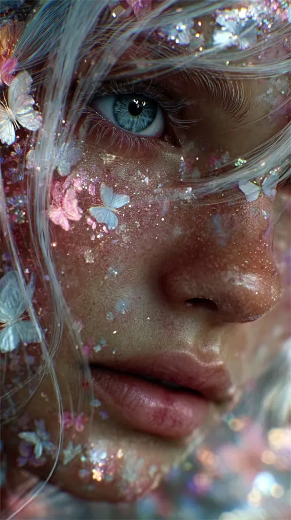 A close-up reveals a woman's face adorned with delicate butterflies and shimmering glitter, creating a dreamy, ethereal effect. Her light blonde hair flows around her, enhancing the whimsical atmosphere.  Her light blue eye is captivating, and her soft features are accentuated by the subtle pink and pastel tones.  The overall image evokes a sense of fantasy and enchantment.