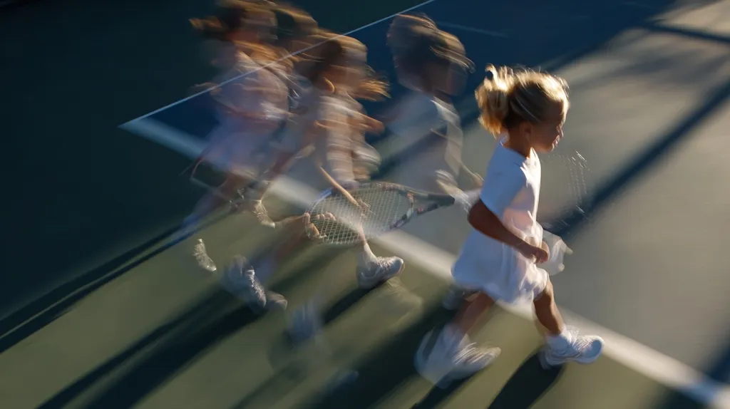 A young girl in a white dress runs across a tennis court, her blonde hair flying behind her.  Blurred figures of other children, also in white, move in the background, creating a sense of motion and energy.  The image captures a moment of youthful athleticism and the speed of a tennis game.  A tennis racket is partially visible, adding to the sports theme.