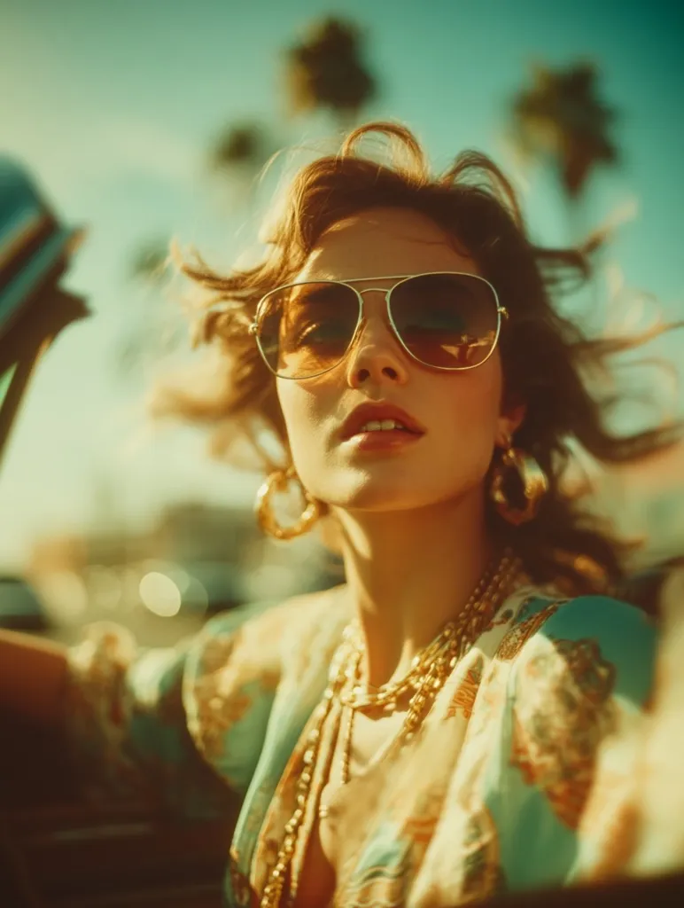 A young woman with windswept auburn hair sits in a classic car, wearing aviator sunglasses and gold hoop earrings.  She's adorned with layered gold necklaces, and a teal and beige patterned shirt. The sunlit image evokes a vintage, carefree aesthetic, with palm trees blurred in the background, suggesting a warm, sunny day.