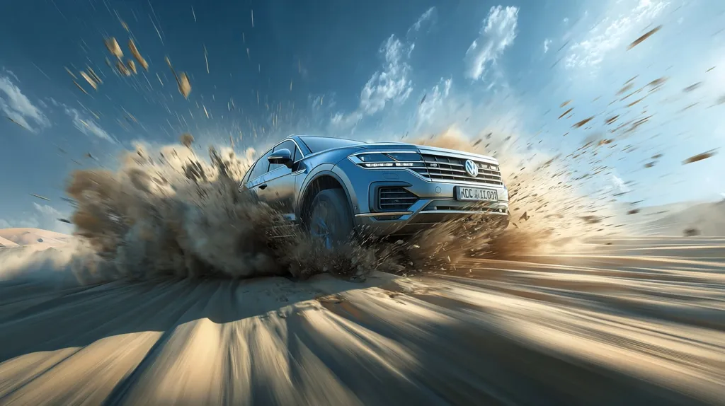 A silver Volkswagen Touareg SUV speeds across a sandy desert landscape, kicking up a large cloud of dust and sand.  The vehicle is in motion, captured with motion blur, emphasizing its speed and power.  The bright sun and blue sky provide a stark contrast to the dusty terrain, showcasing the SUV's off-road capabilities.