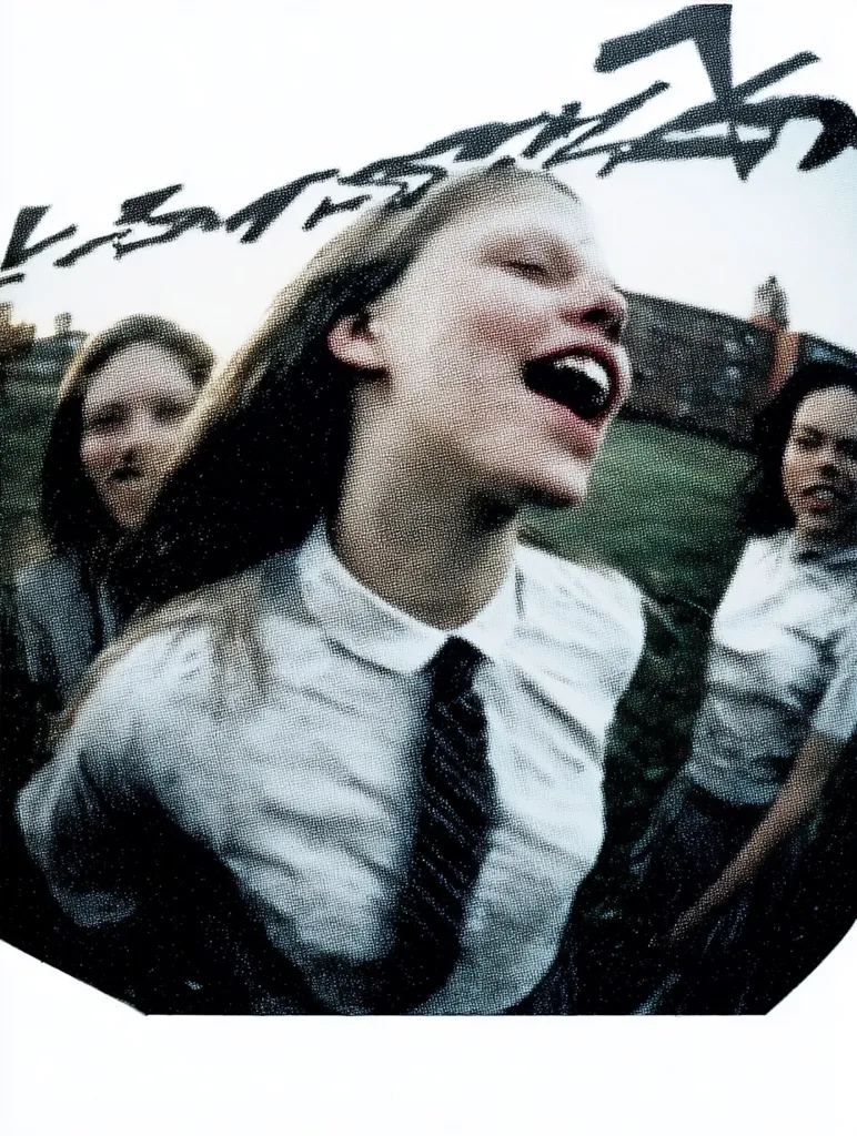 A grainy, black and white photograph captures a young woman in a school uniform, her mouth wide open in a shout.  Two other girls are partially visible in the background.  Abstract black markings overlay the image, adding a layer of visual texture and suggesting a feeling of energy or chaos. The overall mood is raw and energetic.
