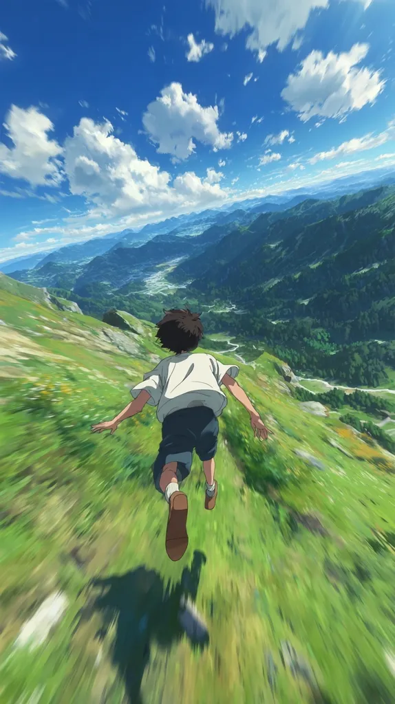 A young boy with short brown hair runs down a grassy hillside, arms outstretched.  The vibrant green hill slopes dramatically down to a valley of rolling green mountains under a bright blue sky dotted with fluffy white clouds.  The motion blur suggests speed and freedom, capturing a feeling of exhilaration against a breathtaking natural backdrop.