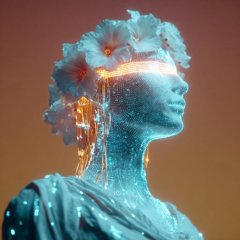 A digital rendering depicts a stylized female bust, adorned with a luminous floral crown and glowing, ethereal strands of light.  Her form is composed of interconnected points of light, creating a futuristic, almost holographic appearance. The color palette is a blend of cool cyan and warm orange, contrasting the organic flowers with the technological aesthetic. The bust suggests a merging of nature and technology, beauty and artificial intelligence.
