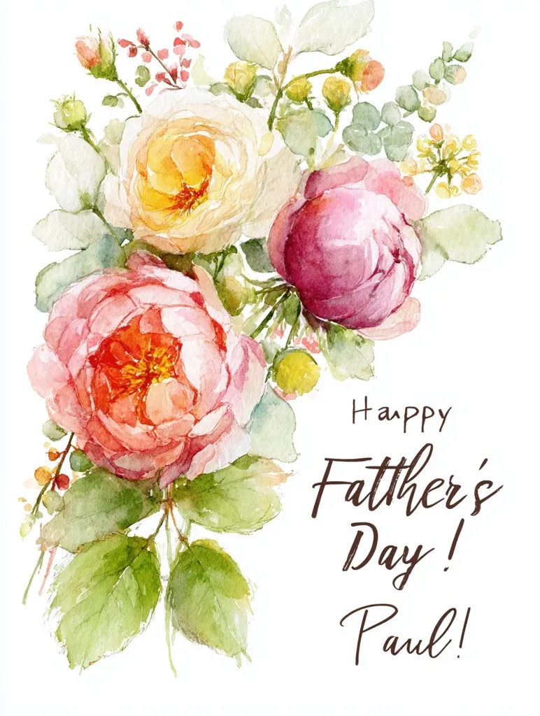 A watercolor painting of a bouquet of roses in shades of pink, peach, and yellow.  The roses are depicted with soft, delicate brushstrokes, and the overall style is romantic and elegant.  Text overlay reads "Happy Father's Day! Paul!"  The image is ideal for a Father's Day card or greeting.