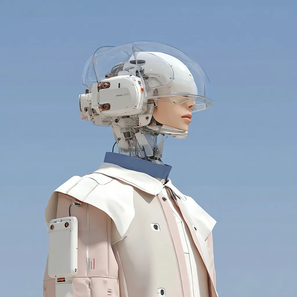 A robotic figure, predominantly white and beige, stands against a clear blue sky.  It wears a translucent helmet and a collared coat.  Visible mechanical components are integrated seamlessly into the clothing. The robot's design blends futuristic technology with a somewhat fashion-forward aesthetic.  The overall impression is one of sleek, modern artificial intelligence.